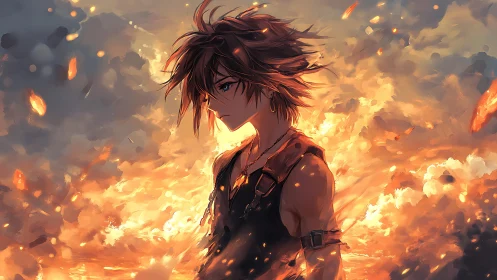 Fiery anime warrior stands amid swirling embers and light.