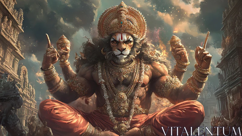 Divine lion-headed warrior meditating amid burning temples.