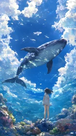 Girl observing whale in bright underwater seascape.