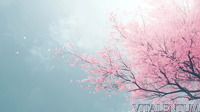 High key cherry blossom canopy against diffuse overcast sky backdrop