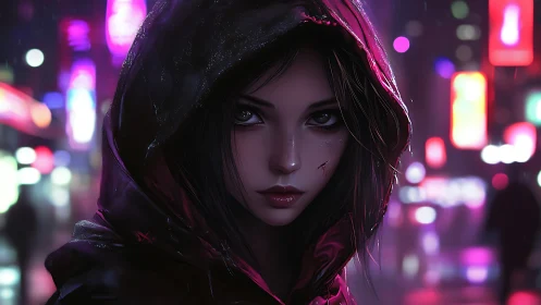 Hooded cyberpunk girl rendered with neon rim light and bokeh depth