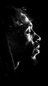 High-contrast particle portrait maps facial contours in deep black