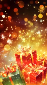 Sparkling holiday gift boxes glow in warm festive light