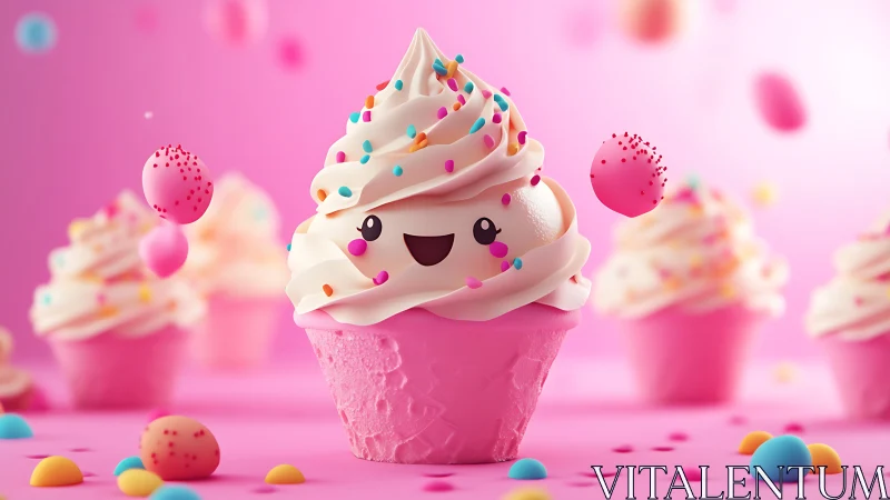 Stylized ice cream cone with anthropomorphic features displayed in vibrant pink environment.