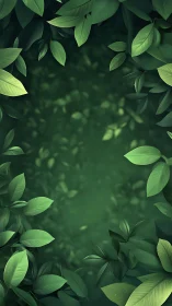 Green leaves frame soft blurred forest-inspired background