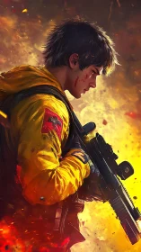 Battle-hardened soldier grips rifle amid blazing inferno