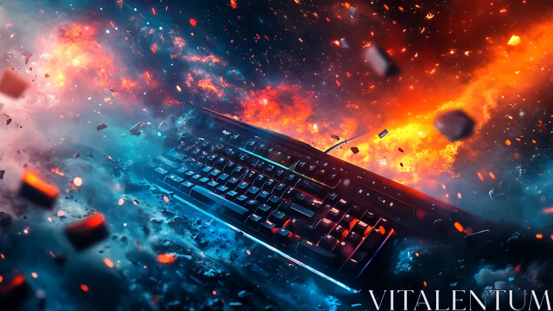 Illuminated keyboard in fragmented nebula-like environment.