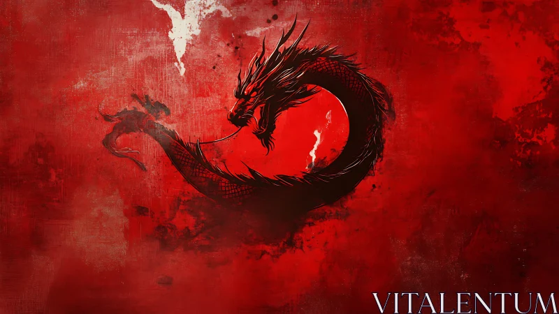 Coiled black dragon over distressed red abstract field.