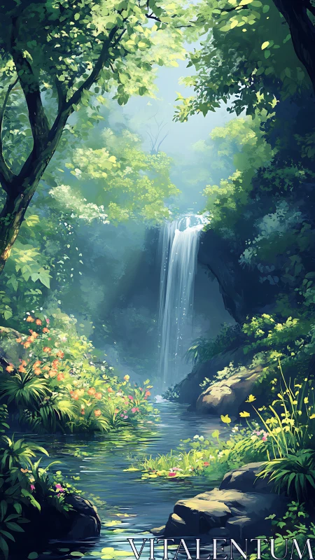 Forest waterfall landscape with dense vegetation and water pool