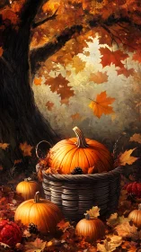 Pumpkins in woven basket sit beneath dense autumn foliage