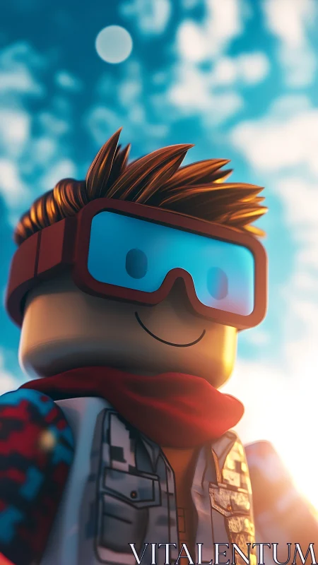 Stylized Lego explorer portrait in cinematic sunrise light.