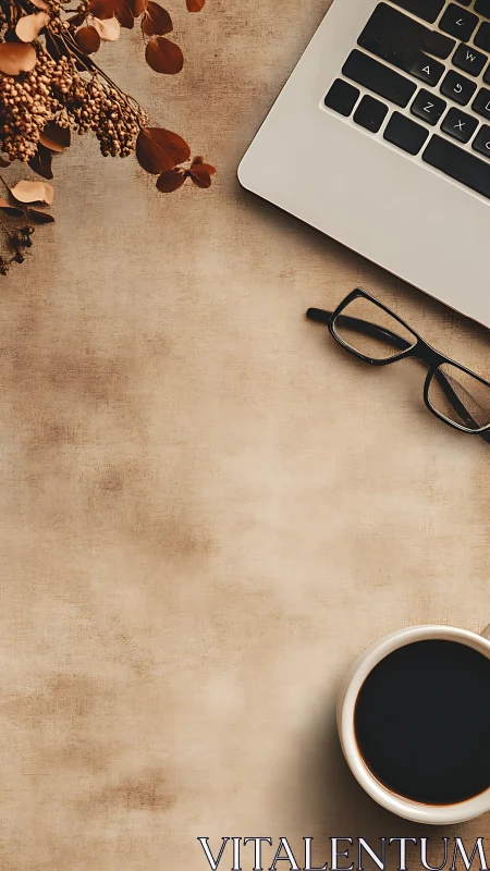 Minimal workspace scene pairs laptop, coffee and glasses