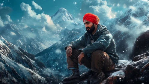 Quiet reflection as a traveler rests in snowy high peaks