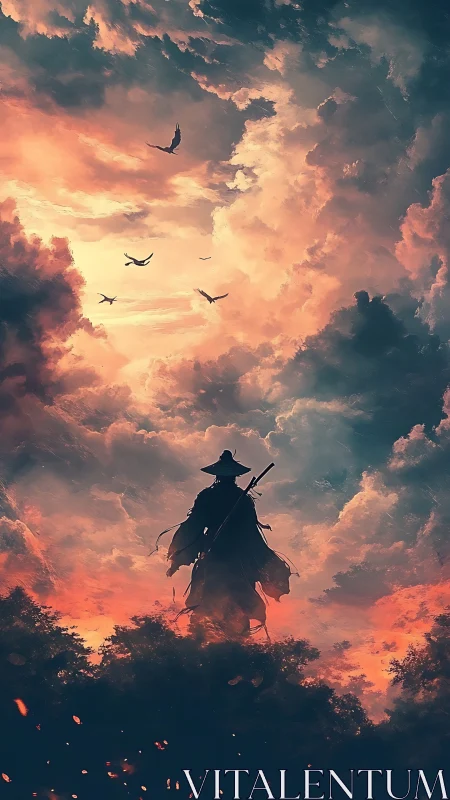 Lone wanderer stands beneath blazing clouds and distant wings