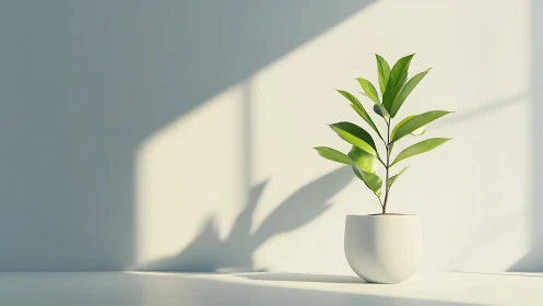 Minimalist potted plant in directional sunlight on pale wall.