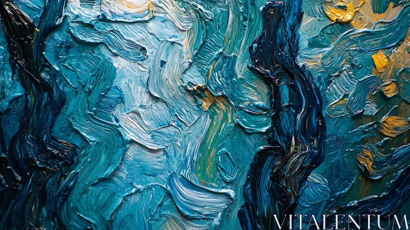 Thick blue and teal impasto strokes create textured surface