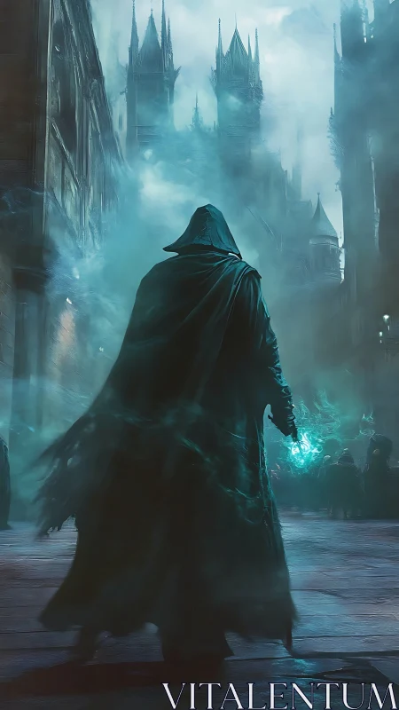 Hooded sorcerer walks through foggy gothic city at night.