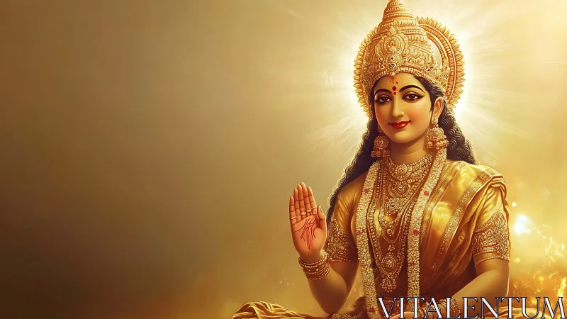 Hindu goddess figure in golden attire and radiant backdrop.