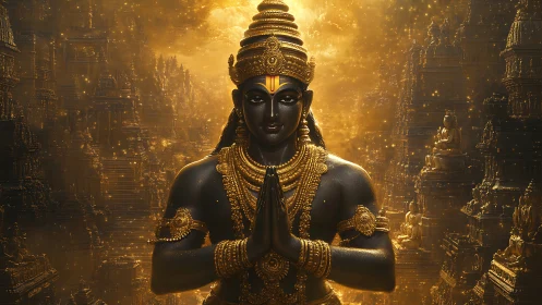 Radiant golden deity offers calm blessing in celestial light