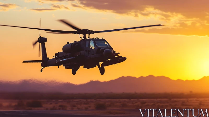 Attack helicopter silhouette in desert dusk flight profile.