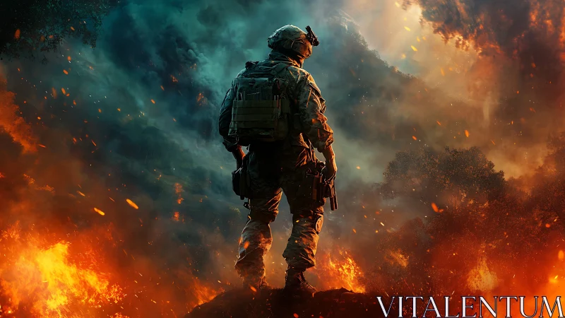 Backlit combat trooper amid bidirectional wildfire plume field.