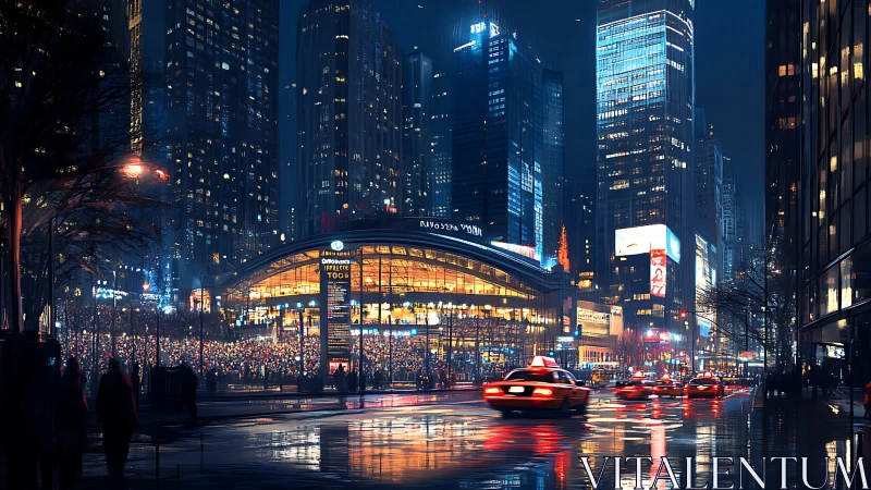 Neon taxis surf rainlit streets of a sleepless glass city.