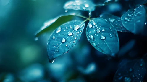 Glistening raindrops resting softly on deep blue leaves.