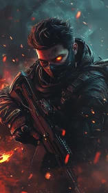 Augmented inferno operative with tactical rifle in embers.