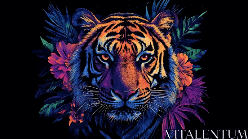 Neon-colored tiger portrait is framed by stylized foliage