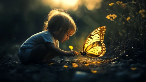 Small child observing oversized butterfly at dusk in forest.