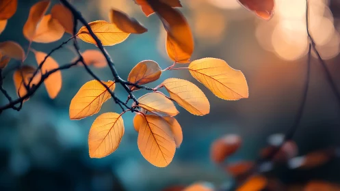 Golden autumn leaves on branch, soft focus nature photography.