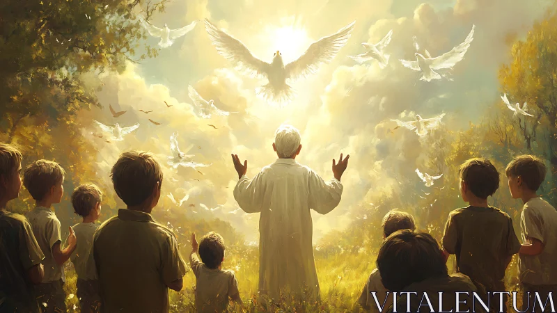 Elder leads children toward radiant dove vision in forest clearing