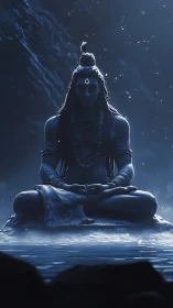 Seated ascetic figure in meditation by misty water surface.