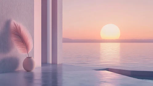 Minimalist seafront terrace renders soft volumetric sunset lighting