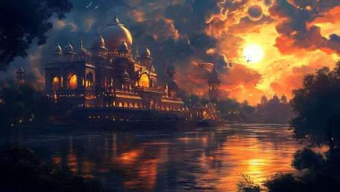 Golden riverside palace under dramatic fantasy sunset.