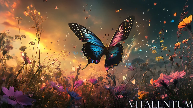 Bioluminescent butterfly hovers above glowing wildflower meadow.
