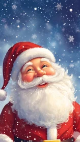 Santa figure in red suit under falling snow at night sky.