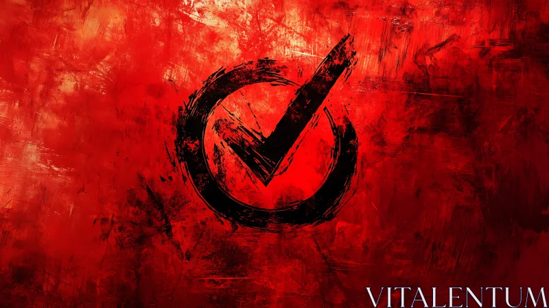 Grunge vector checkmark emblem on textured red field.