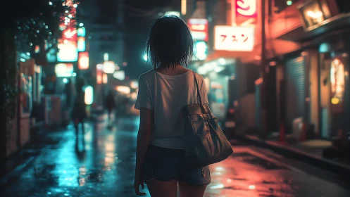 Young woman walks alone through neon lit city street at night.