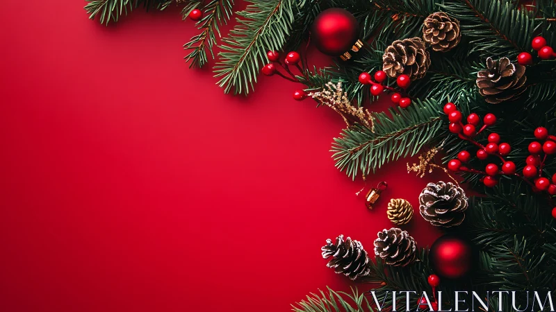 Red festive background with pine, berries and ornaments.