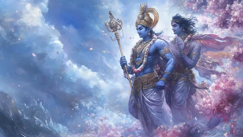 Blue-skinned figures in ornate dress amid clouds and blossoms.