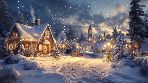 Snowlit winter village glows under storybook starlight hush.