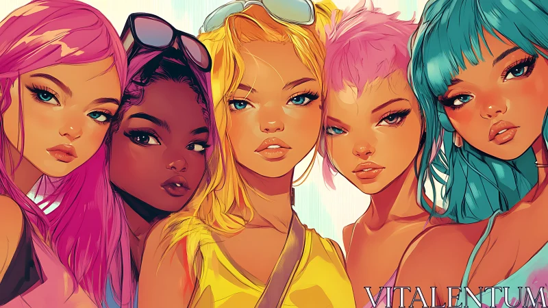 Group portrait of five stylized young women in color palette.