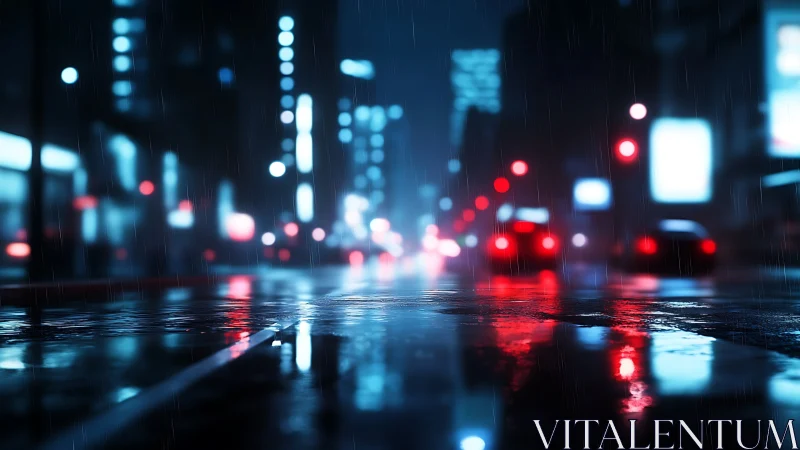 Nocturnal rain-soaked city street with neon bokeh reflections