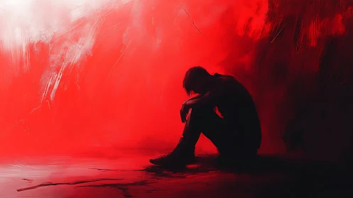Solitary figure in red chiaroscuro environment, crouched silhouette