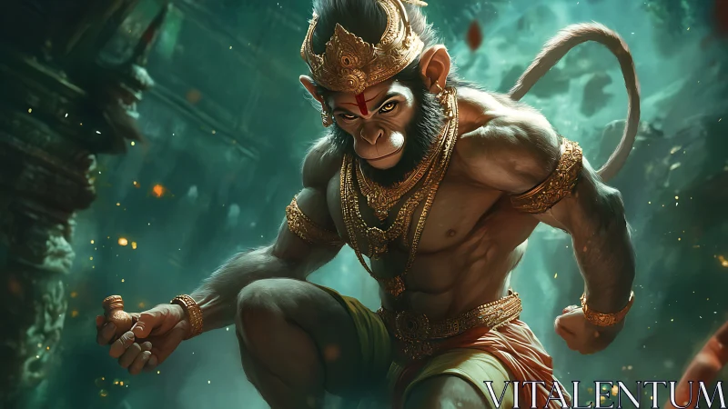 Mythic monkey warrior lunges through molten emerald gloom