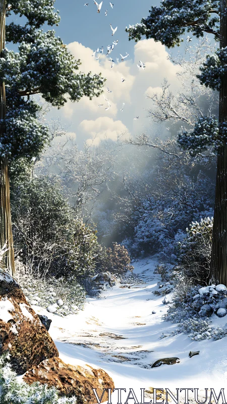 Winter's Quiet Gateway Through Frost-Kissed Trees.