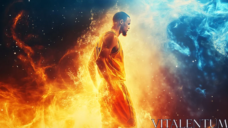 Fiery basketball player walking through split flame cosmos.