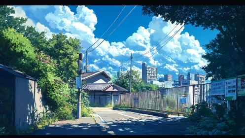 Suburban street under towering cumulonimbus and power lines.