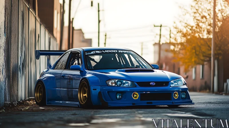 Widebody Subaru race car rendered in cinematic urban lighting